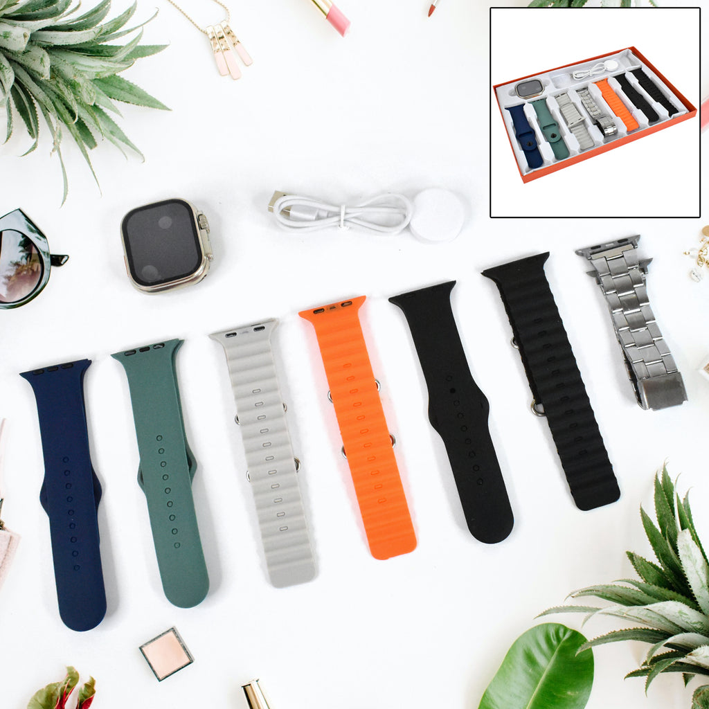 7 In 1 Ultra Smart Watch Combo With Seven Classic Straps  Transparent Screen Guard (1 Set  Mix Color)
